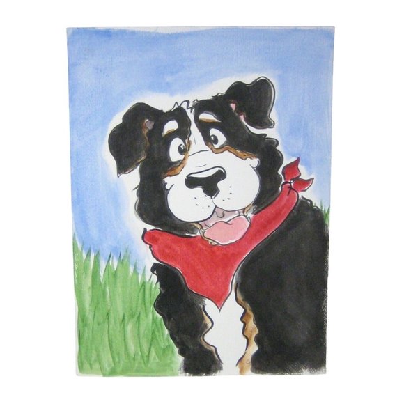 Bernese Mountain Dog Watercolor Painting Paper Unframed 15 In Bandanna Unmatted - Picture 1 of 5